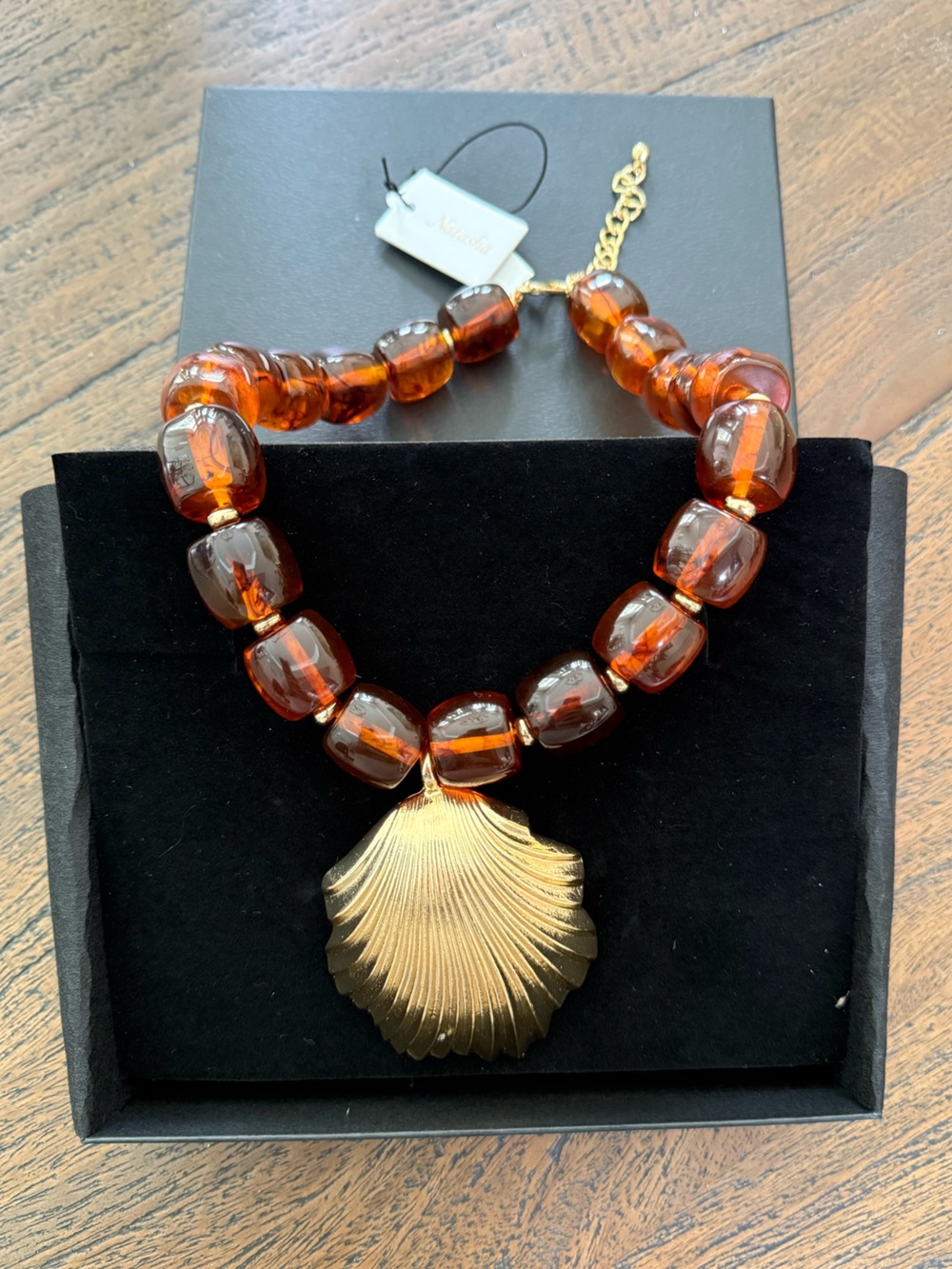 NWT Natasha Couture Amber Bead Necklace with Gold Shell Pendant